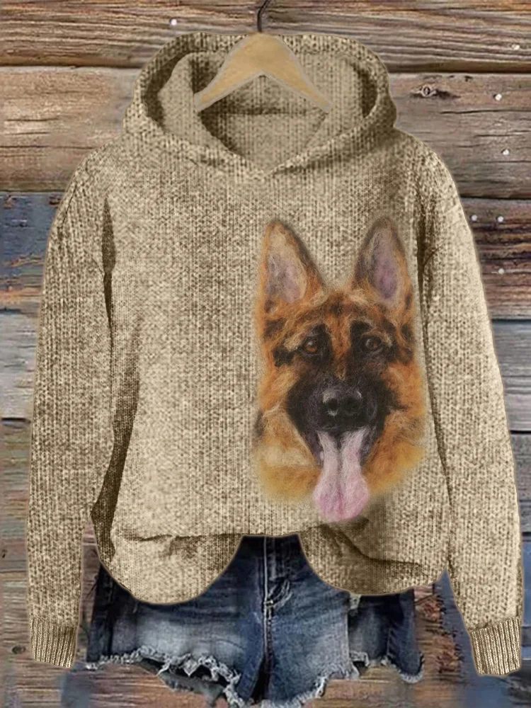 German Shepherd Dog Felt Portrait Cozy Knit Hoodie