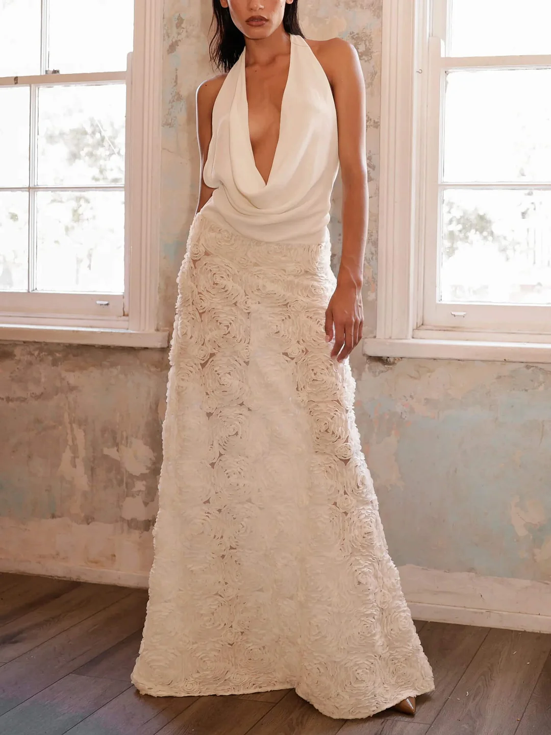 Rose Flower Draped Collar Sleeveless Maxi Dress