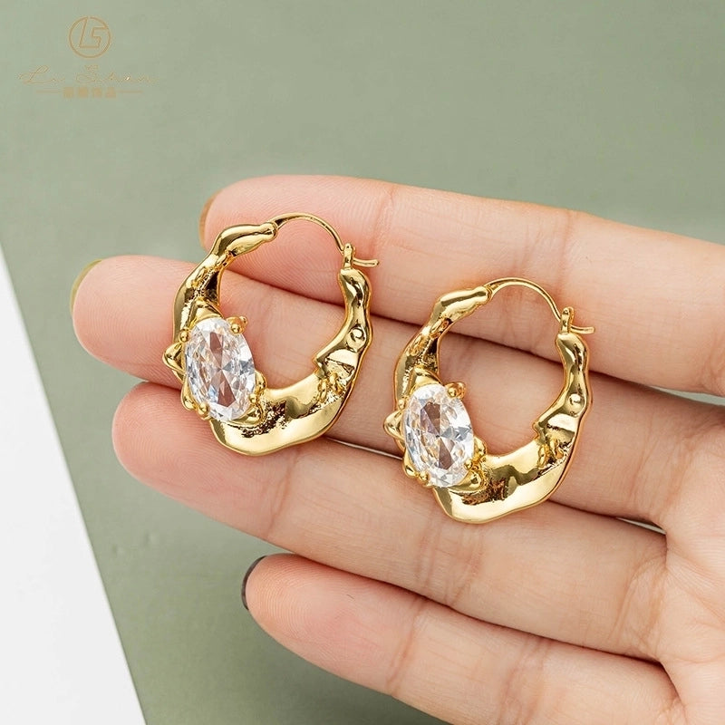 Temperament Zircon Irregular Brass Electroplated Real Gold Ear Buckle Niche High-end Retro French Earrings