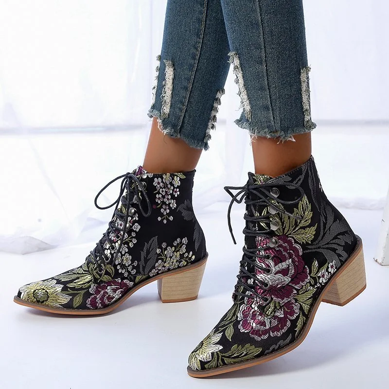 Yyvonne Size 43 New Coarse And High-With Martin Boots Female Pointed Embroidery National Style With Short Boots