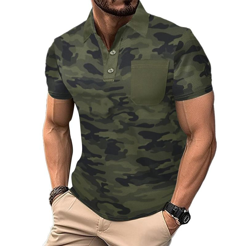 Men's Casual Camo Print Pocket Short Sleeve Polo Shirt