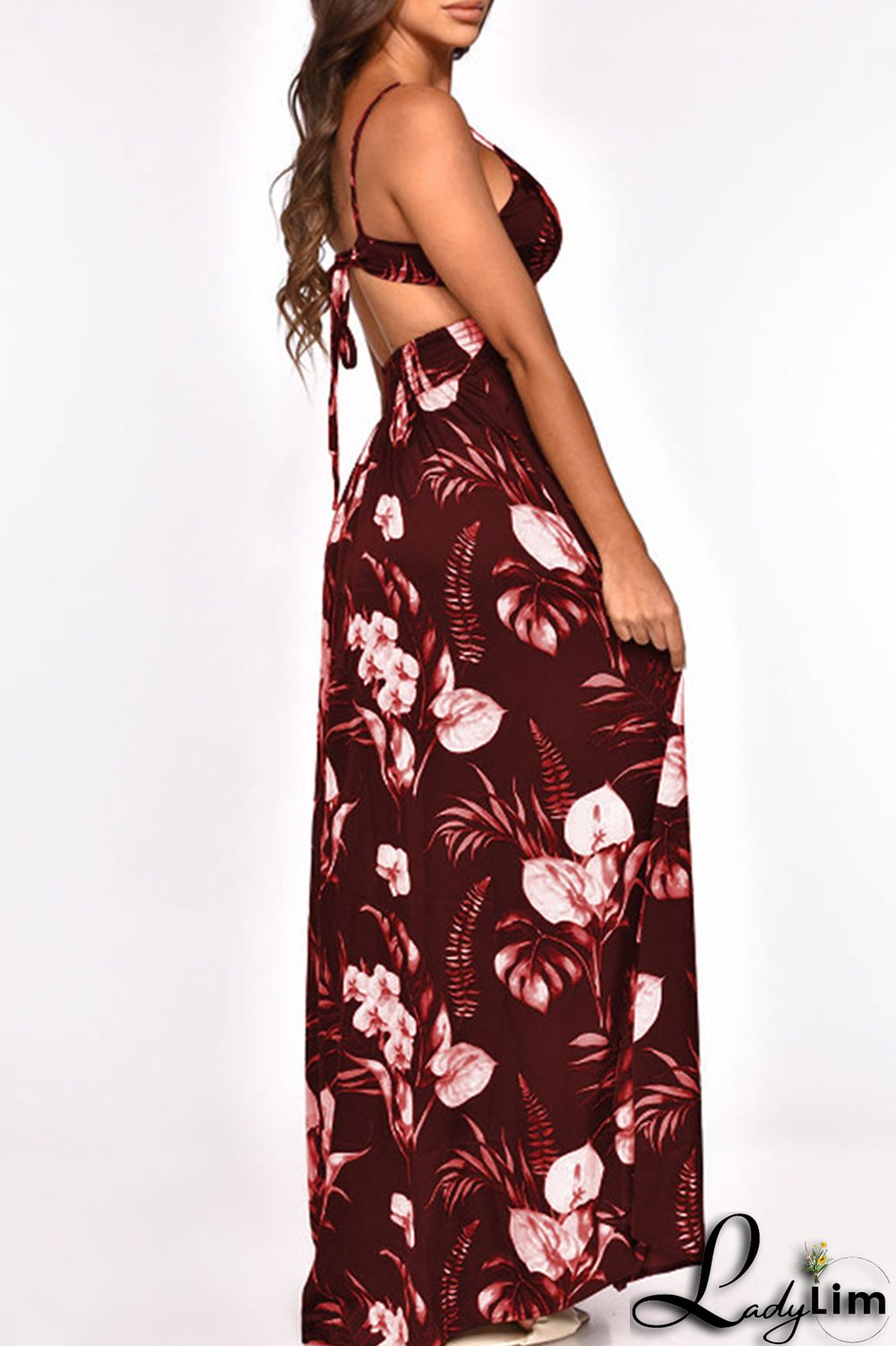 Burgundy Fashion Sexy Print Bandage Backless Slit Spaghetti Strap Long Dress Dresses