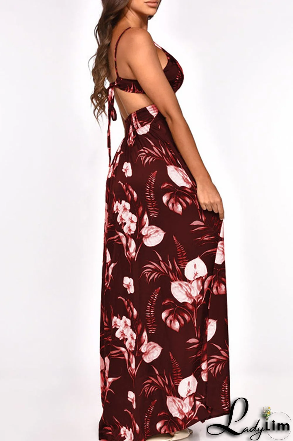 Burgundy Fashion Sexy Print Bandage Backless Slit Spaghetti Strap Long Dress Dresses
