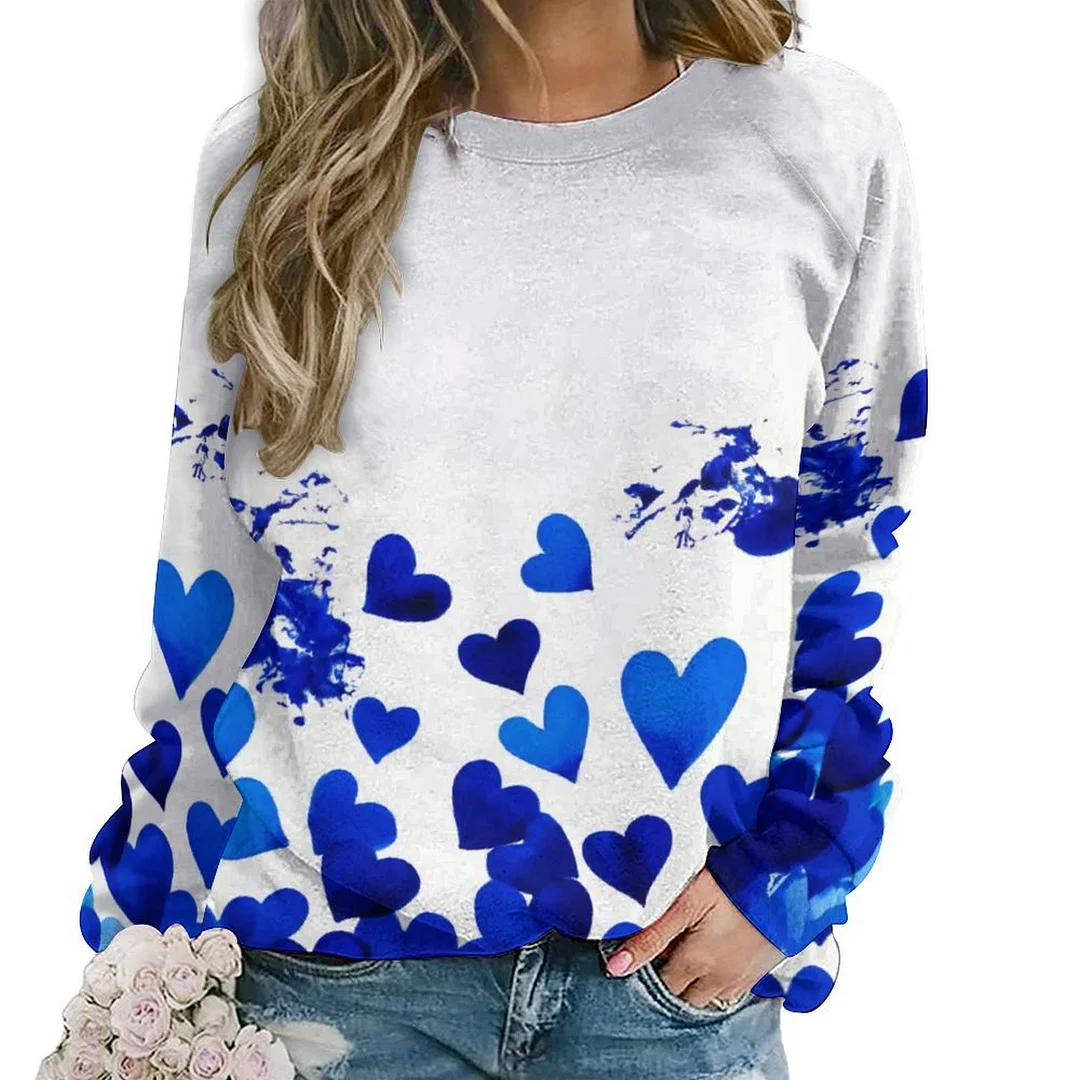 Printed Long Sleeve Casual Sweatshirt for  Women and Men Unisex Pattern Hearts, Floral, Blue, Watercolor