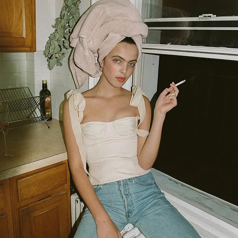 WannaThis Spaghetti Strap Slash Neck Chiffon Camisole Women Sleevesless Casual Camisole Ruffles Backless BOW Bandage Crop Top