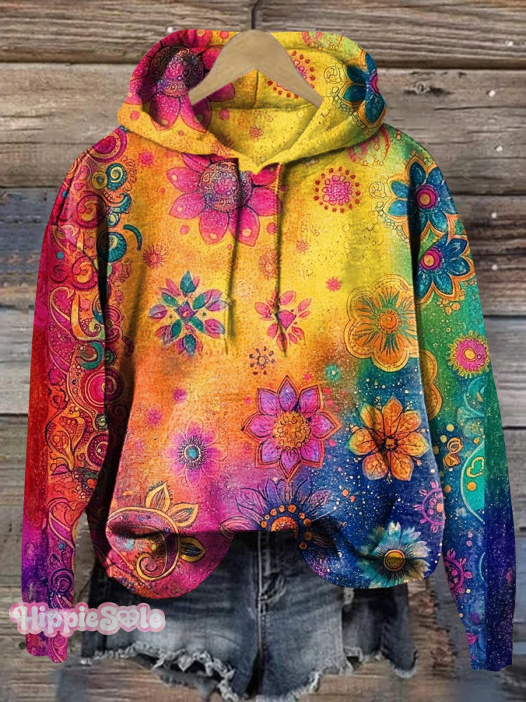 Retro Floral Rainbow Pattern Love And Peace Art Casual Hoodie Sweatshirt Multicolor / S