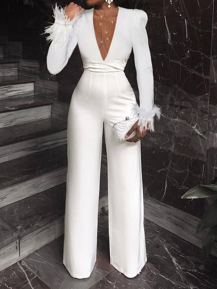 Okdais Women‘s Jumpsuit Feather Solid Color Deep V Wedding Elegant Party Evening Prom Wide Leg Slim Long Sleeve White JP0034 