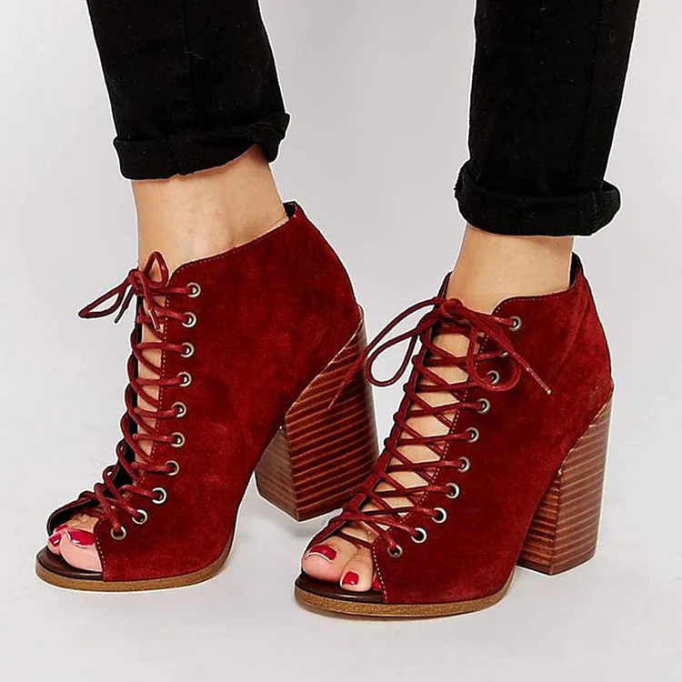 Burgundy Peep Toe Booties Vintage Lace-Up Chunky Heel Ankle Boots |FSJ Shoes