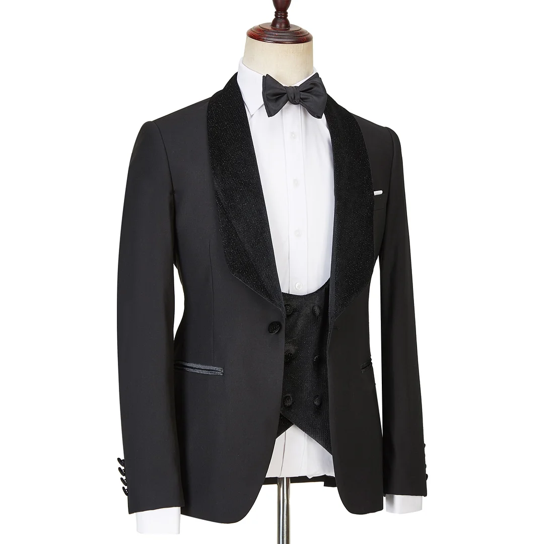 Miabel  Modern  Black  Shawl Lapel Three Pieces Sparkle Men Wedding Suits