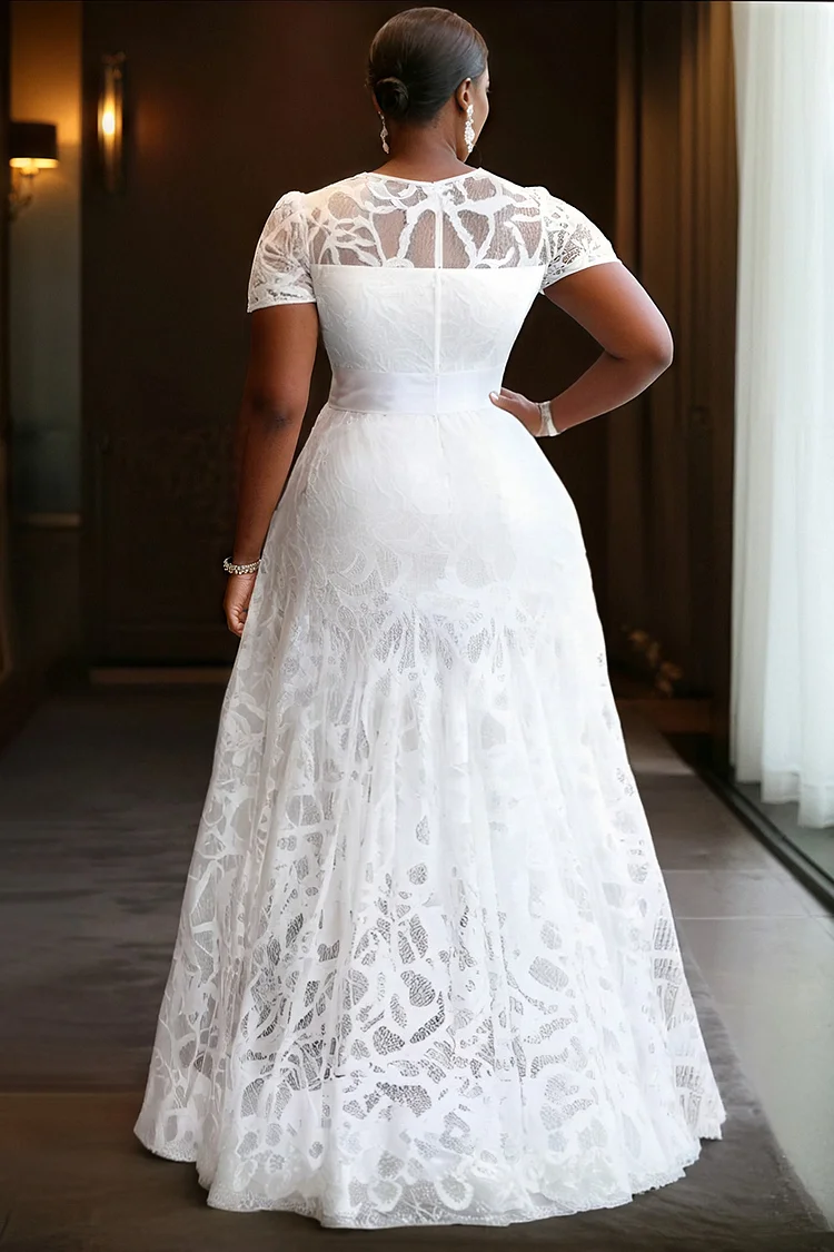 Xpluswear Design Plus Size Wedding White Round Neck Short Sleeve Elegant Guipure Lace Maxi Dresses [Pre-Order]