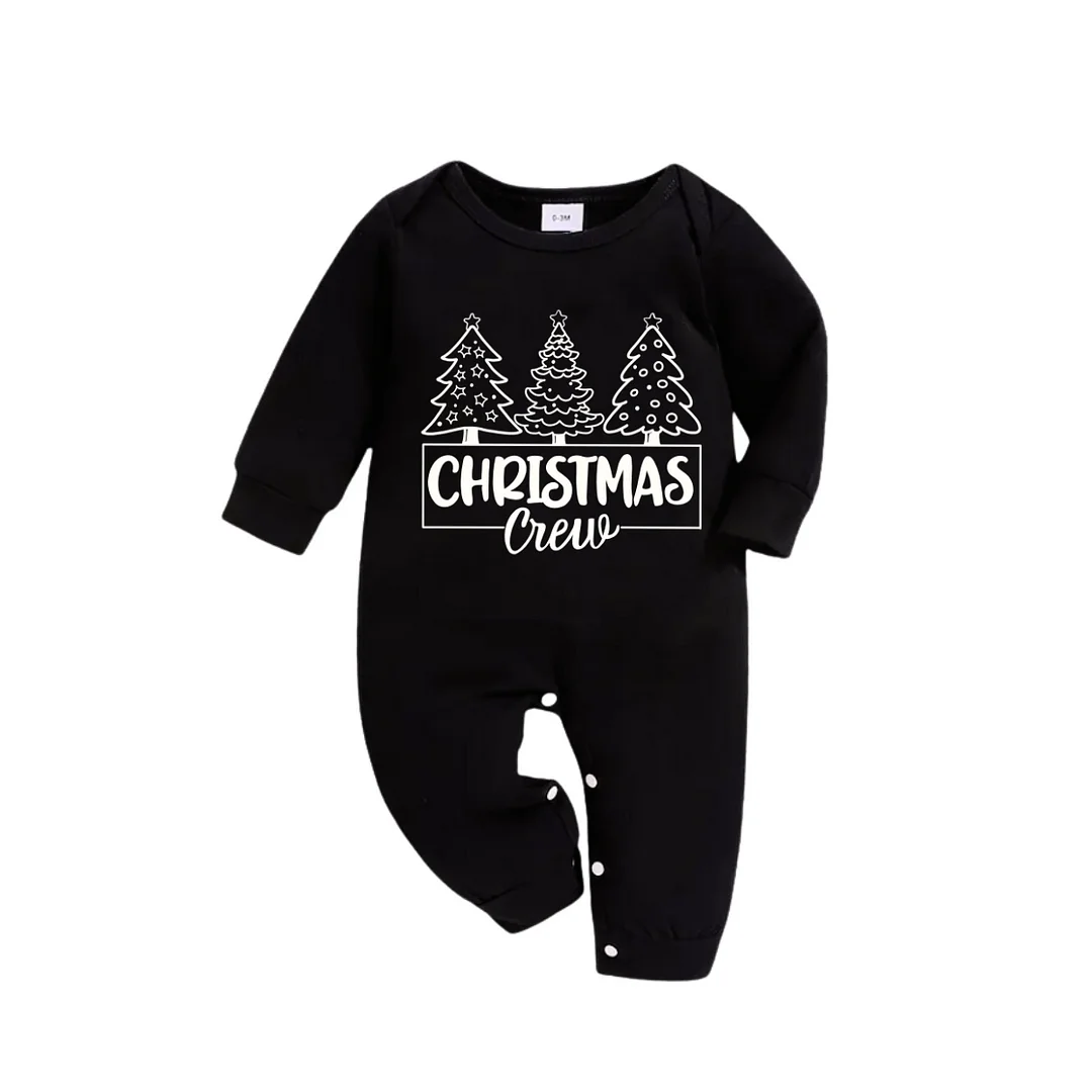 Christmas Tree and "Merry Christmas" Print Black Long Sleeve Top with Green and Black Plaid Family Matching Pajamas