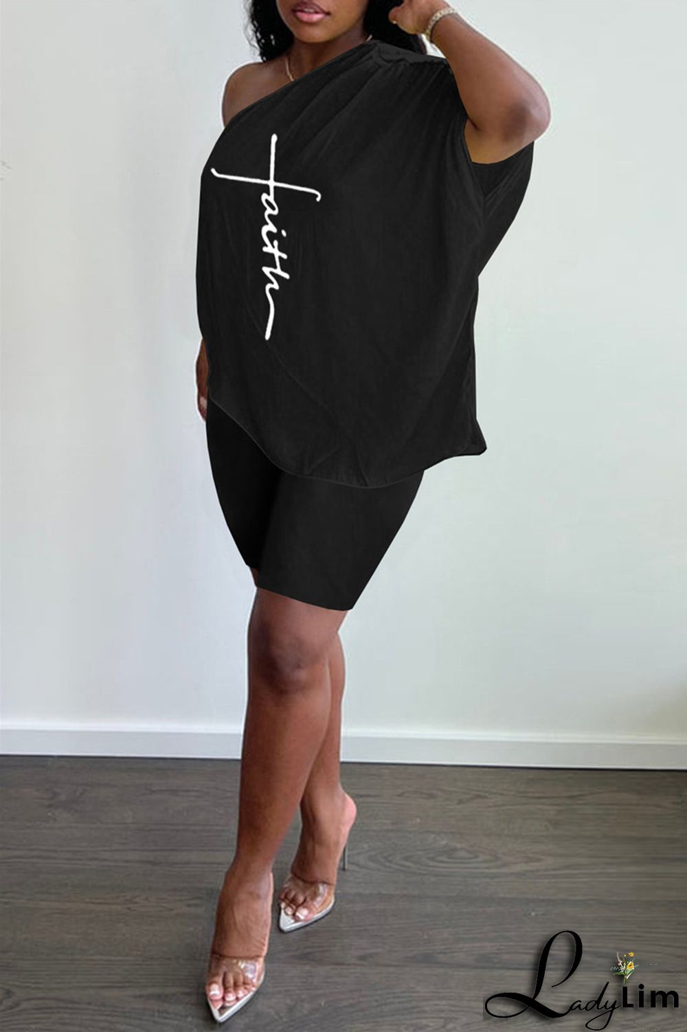 Black Fashion Casual Print Backless Oblique Collar Short Sleeve Two Pieces