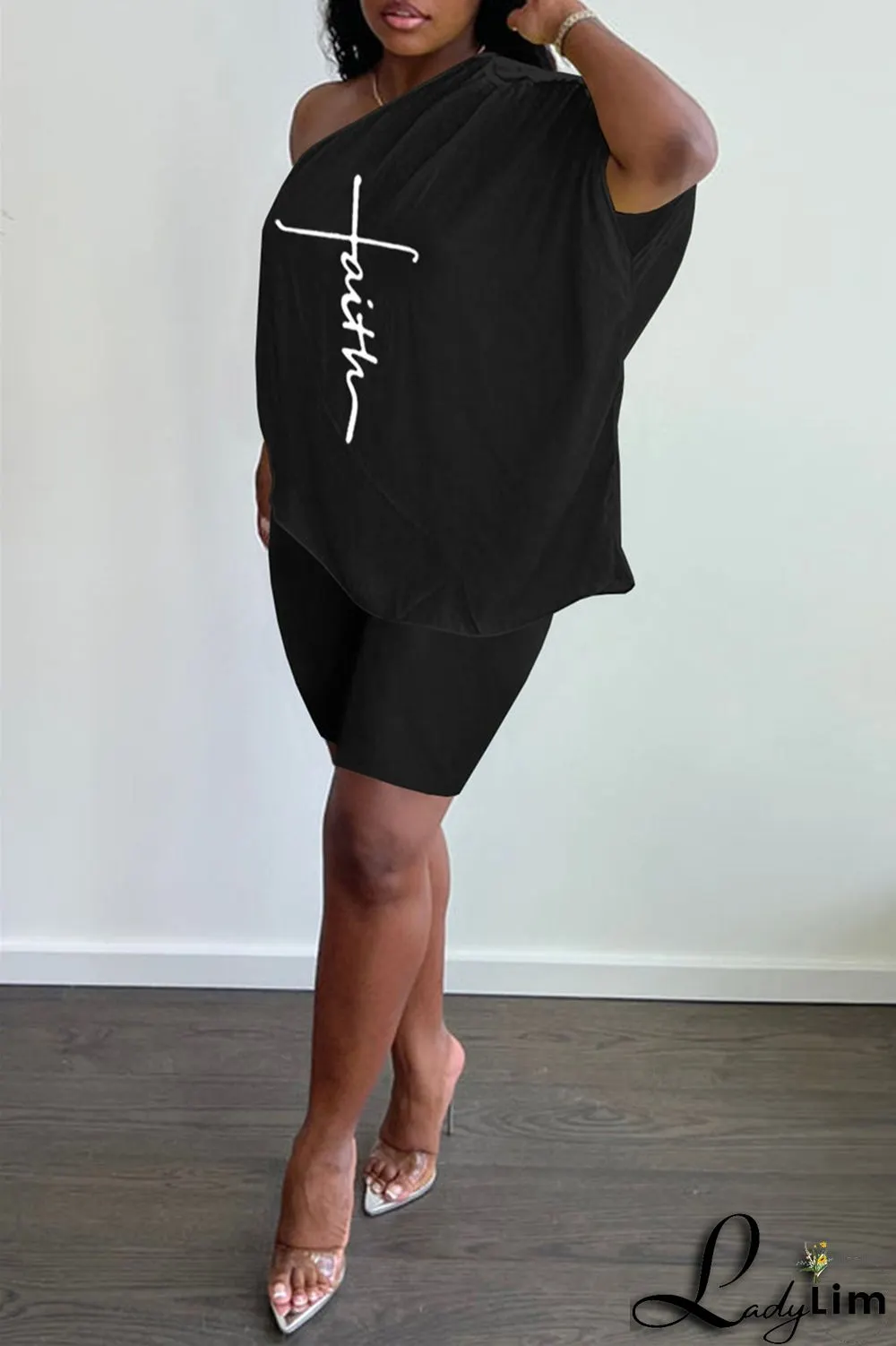 Black Fashion Casual Print Backless Oblique Collar Short Sleeve Two Pieces