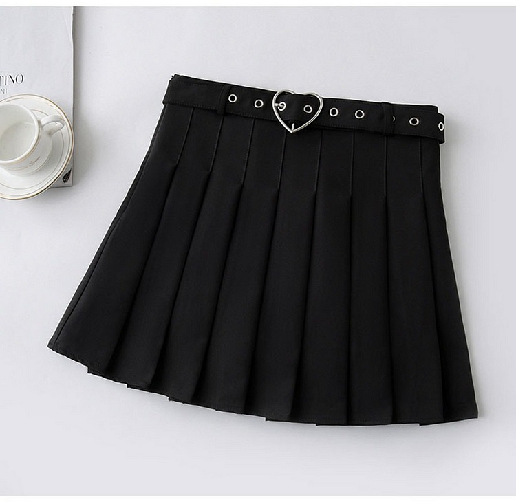 Kawaii Heart-Buckle Belt Pleated Skirt - Gotamochi Kawaii Shop, Kawaii Clothes