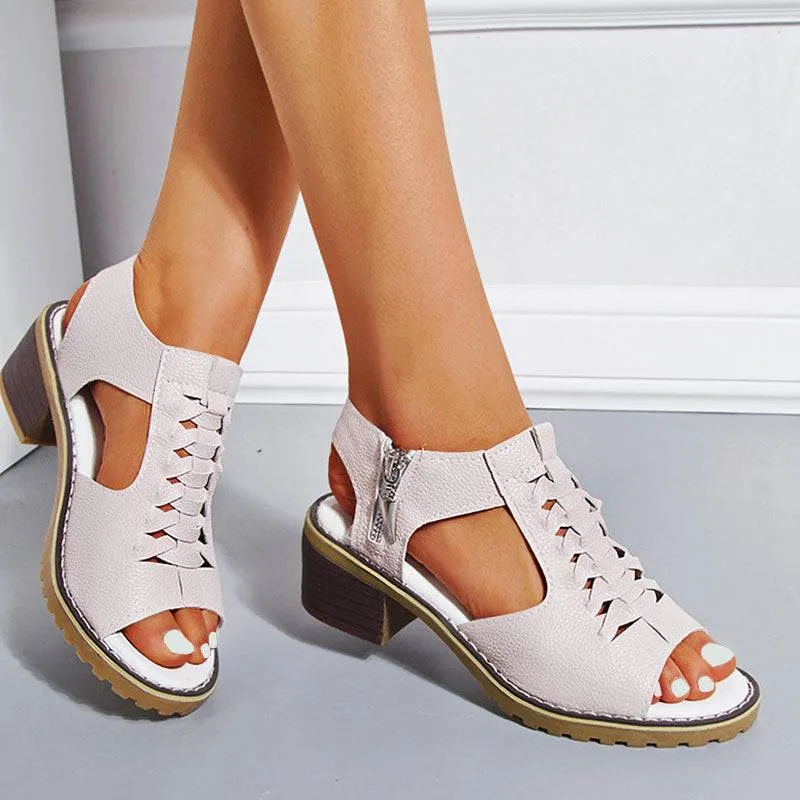 Libiyi Peep Toe Cutout Zipper Chunky Heeled Sandals （get free shipping）