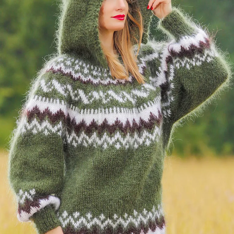 Vintage Fairman Island Jacquard Contrast Hooded Sweater