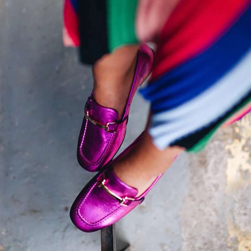 TAAFO Light Purple Square Toe Loafers Flat Shoes 