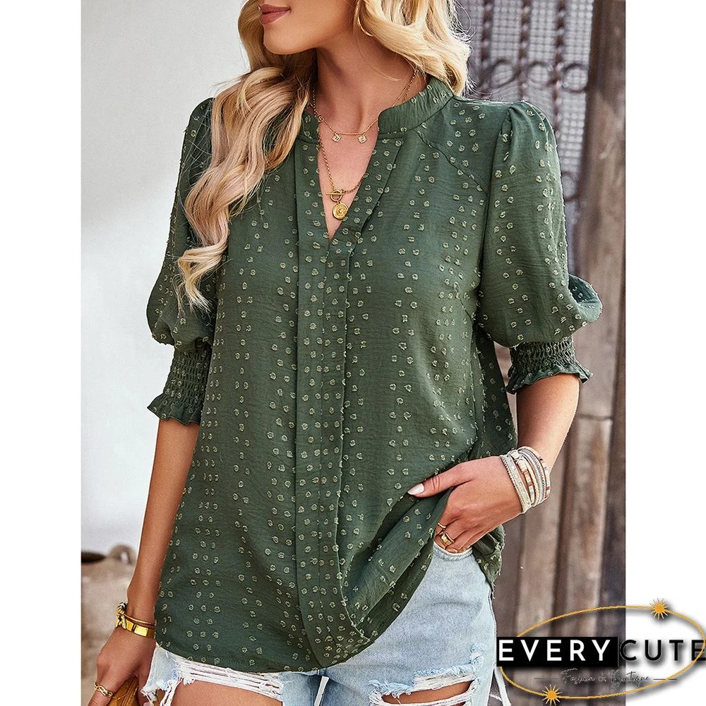 Green V Neck Jacquard Half Sleeve Blouse