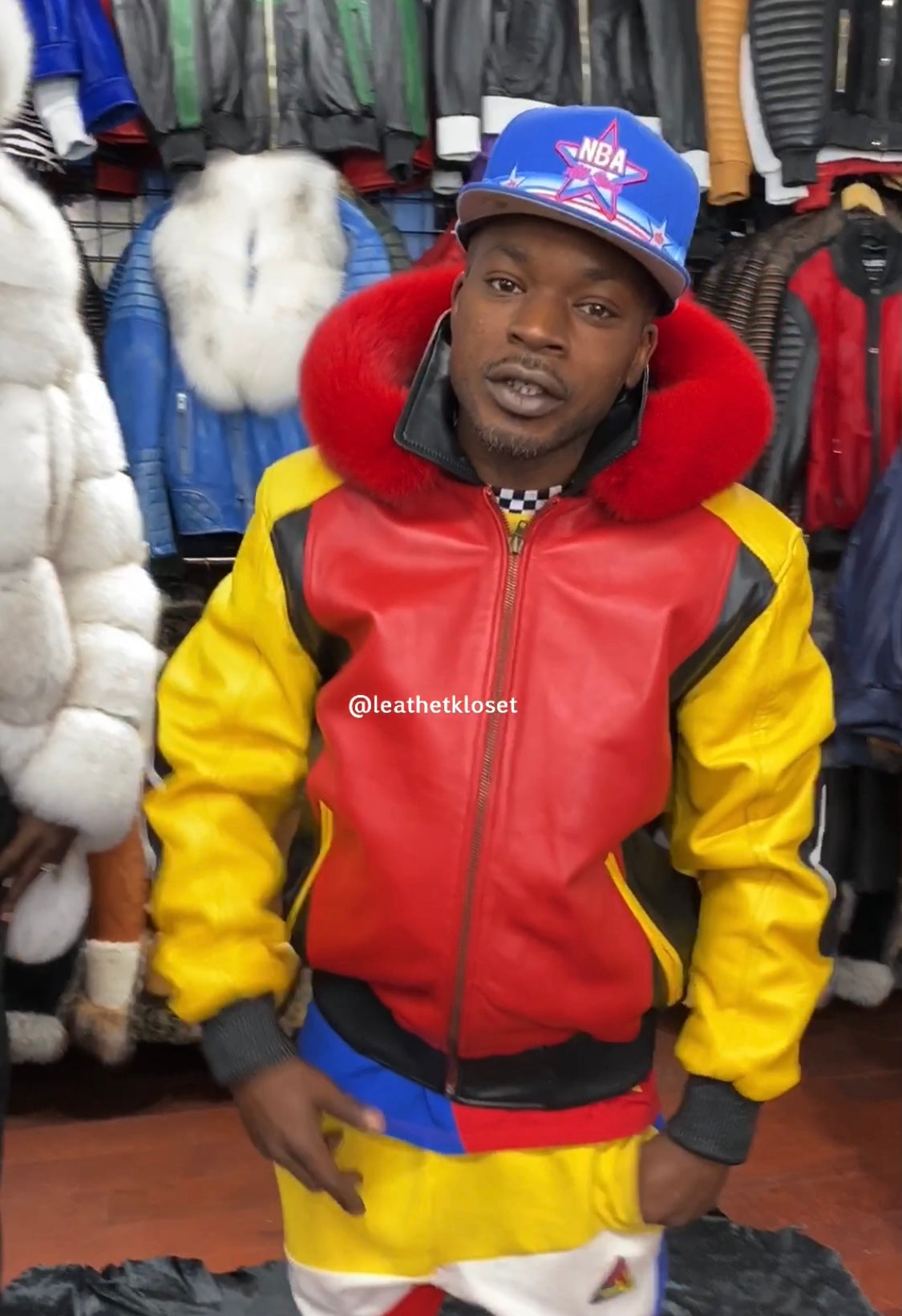 Men's 8 Ball Leather Jacket With Fox Fur Hood [yellow Black Red]