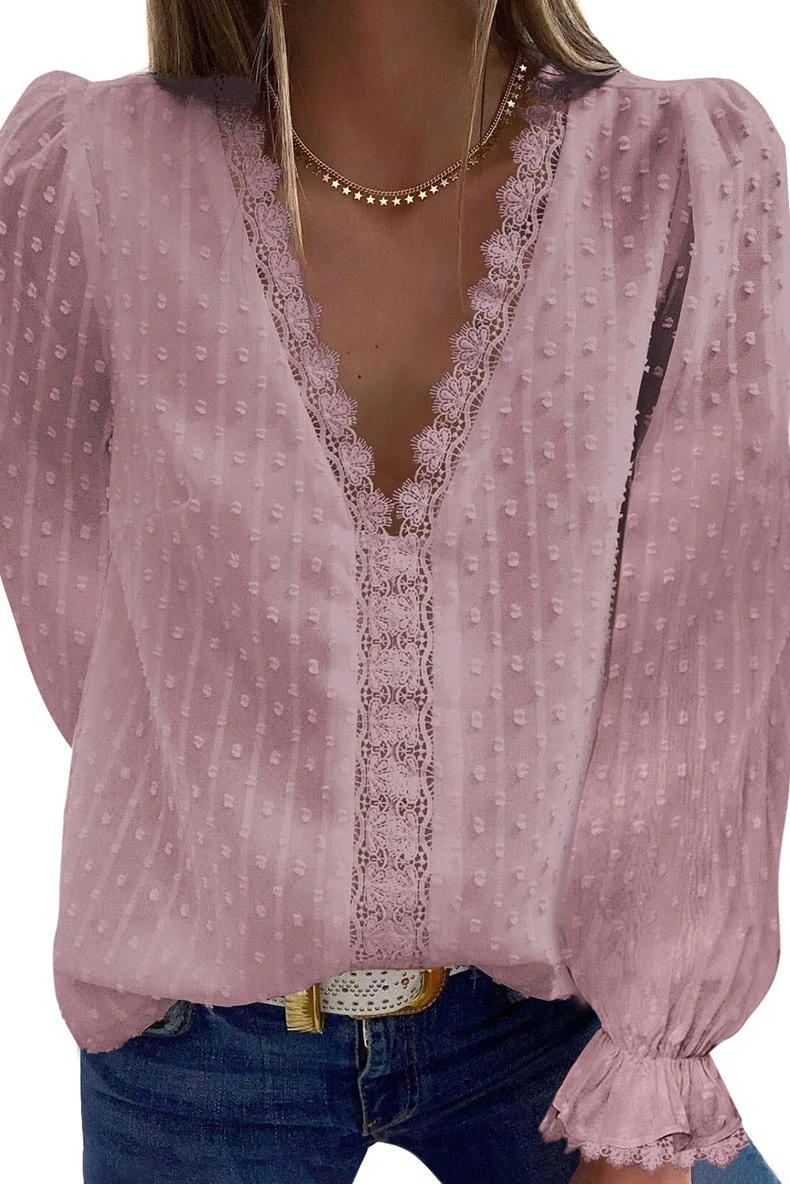 Summer Blouses Women Fashion Lace Patchwork V Neck Long Sleeve Casual Elegant Shirts Tops Office Work Plus Size Chiffon Blouse