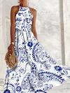 Vacation Tribal Floral Boho Loosen Halter Sleeveless Long Woven Dress