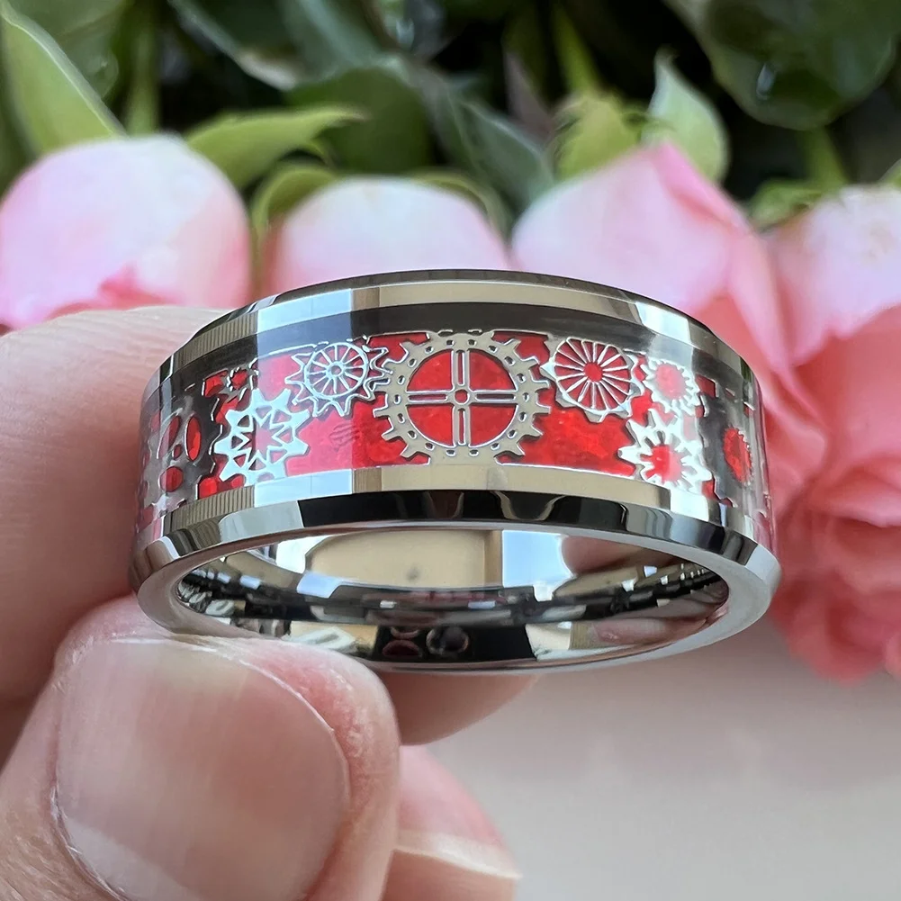 8MM Women's or Men's Tungsten Carbide Wedding Gear Rings Silver with Mechanical Gear Red Carbon Fiber