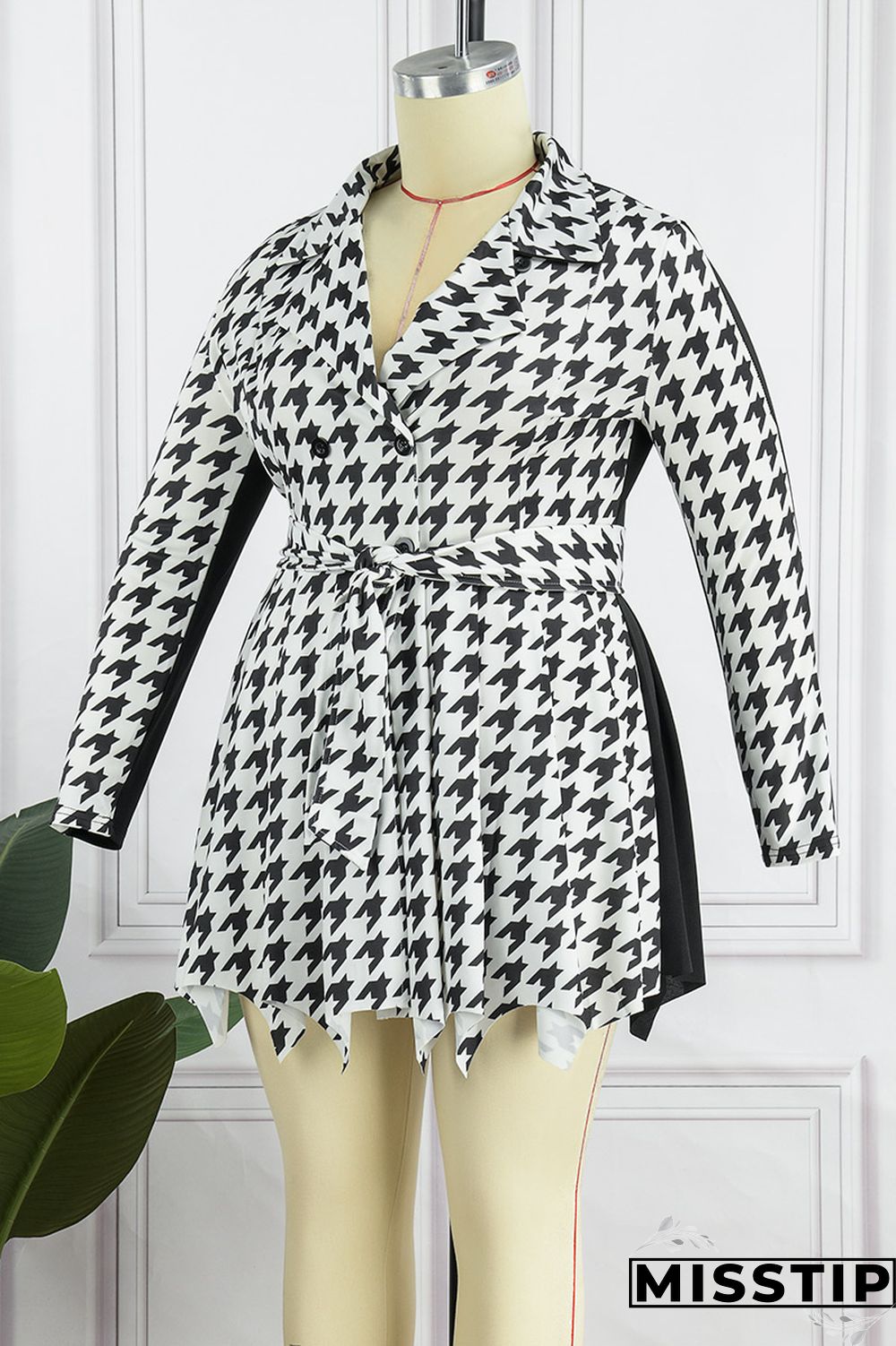Black And White Casual Print Patchwork Turn-back Collar Long Sleeve Plus Size Dresses
