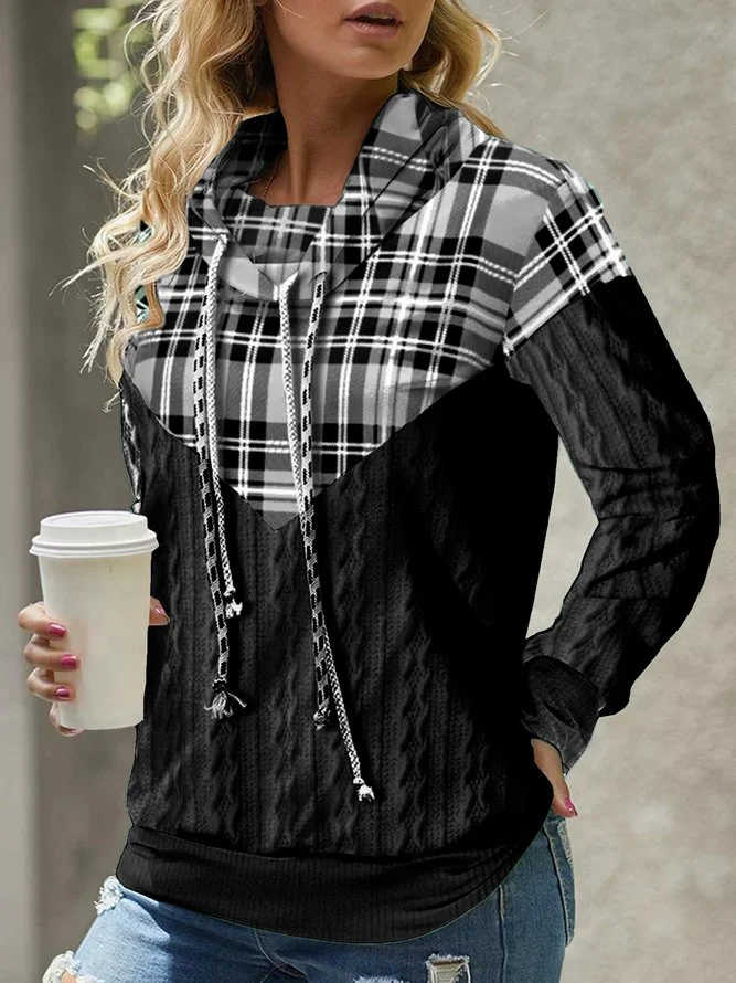 Casual Loose Classic Check Patchwork H-Line Turtleneck Plaid Knitted Long Sleeve Sweatshirt. socialshop