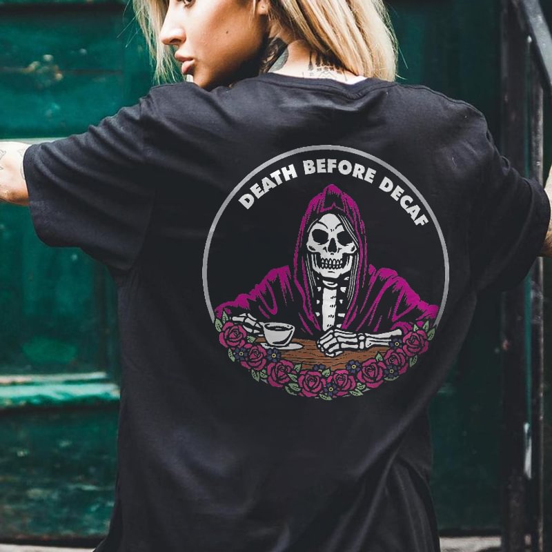 DEATH BEFORE DECAF skull print t-shirt designer