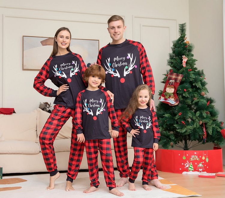 Merry Christmas Elk Antlers Plaid Print Christmas Family Pajamas