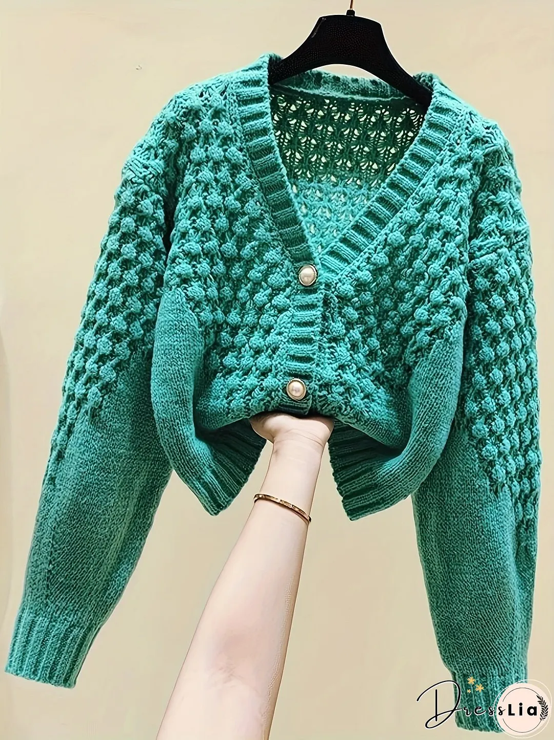 Button Front Knit Cardigan, Casual Solid V Neck Long Sleeve Sweater, Women's Clothing