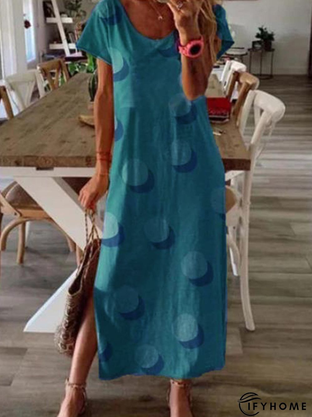 Green Polka Dots Short Sleeve Round Neck Knitting Dress | IFYHOME