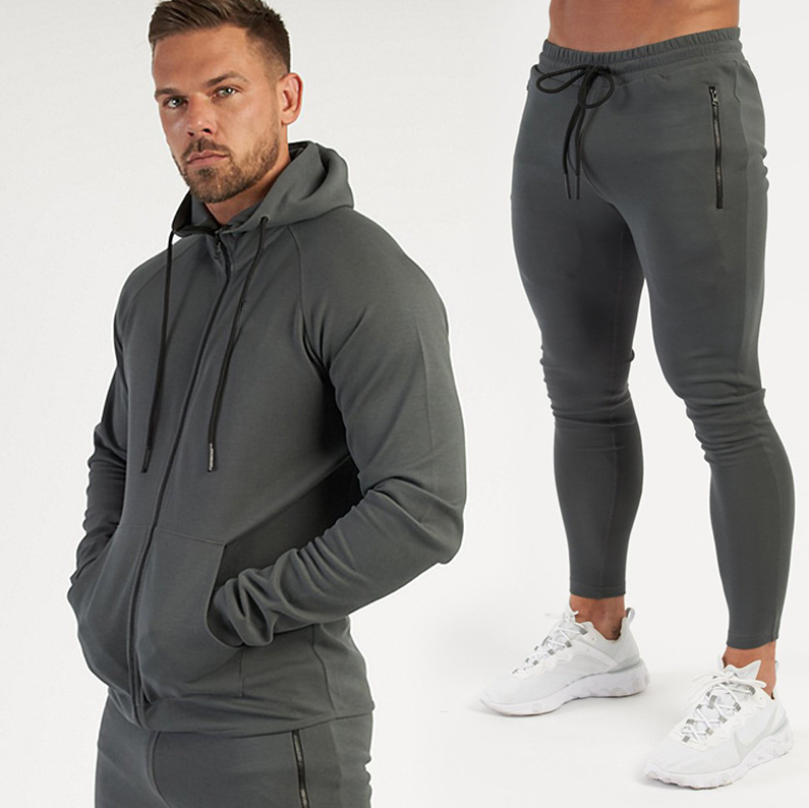 High Quality Mens Sports Leisure Two Piece Outdoor Fitness Exercise Hooded Sweater Slim Pants Suit Cotton