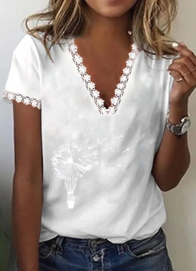 Women's Printed V-neck Lace Loose Short Sleeved Shirt