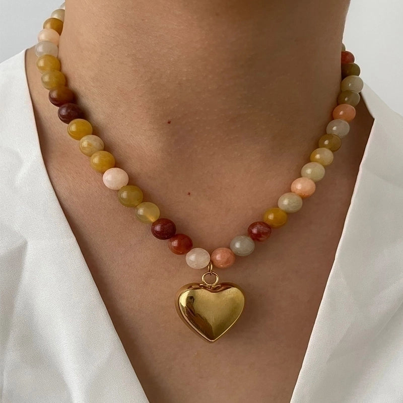Elegant Beach Heart Shape 316L Stainless Steel  Natural Stone 18K Gold Plated Beaded Pendant Necklace