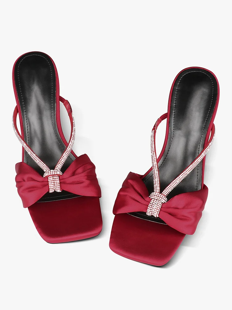 95mm Women's Rhinestone Bow Heels Square Toe Slip On Mules  Party Heeled Sandals  Clear Chunky Heels Daily Dress Sandals