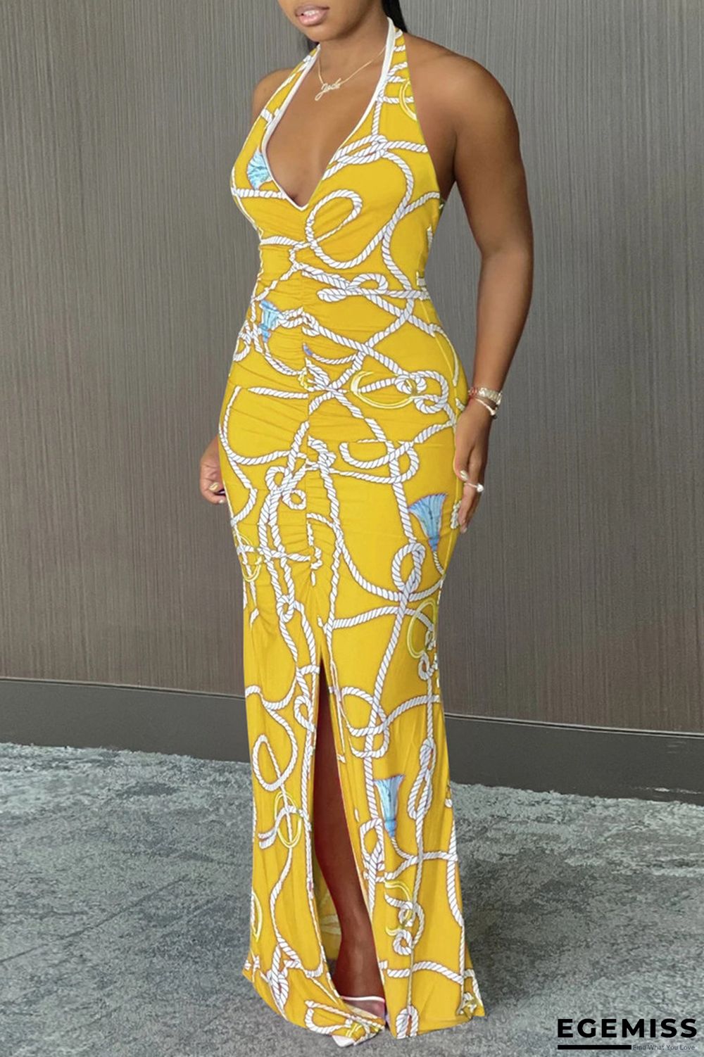Yellow Fashion Sexy Print Backless Slit Halter Sleeveless Dress | EGEMISS