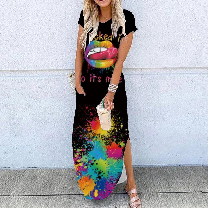 2020 Summer New Fashion Striped Strapless Dress Loose Round Neck Short Sleeve Long Dress Casual Elegant Moon Star Printing Dress