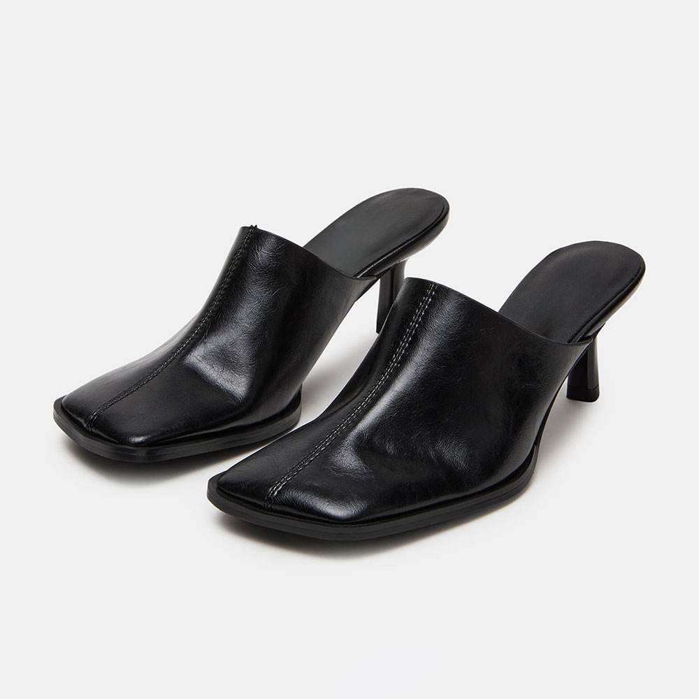 Elegant Black Square Toe Mid Flared Heel Women's Mules Shoes Nicepairs