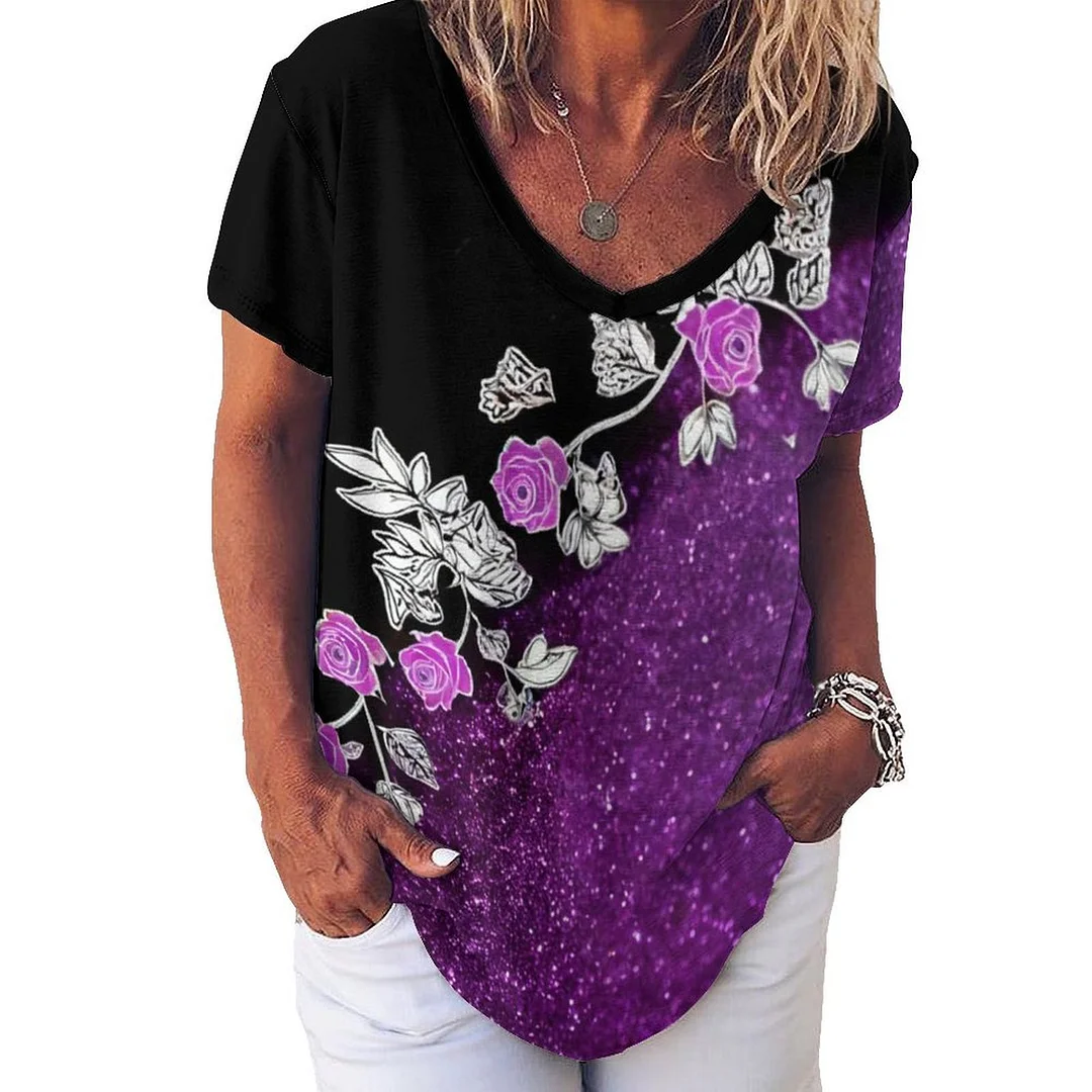 V-neck Short Sleeve Casual T-shirt for  Women Printed with Pattern Purple, Rose, Glitter, Black, Floral
