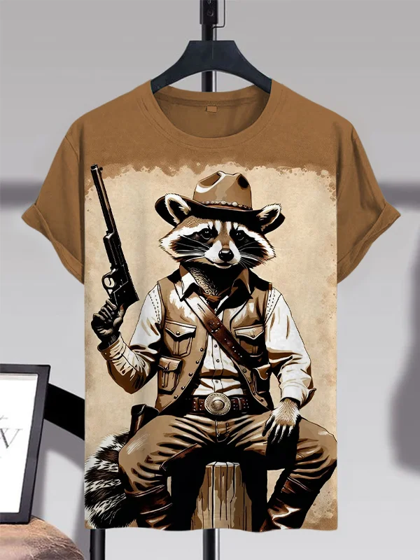 Men's Cowboy Raccoon Art Print Casual T-Shirt