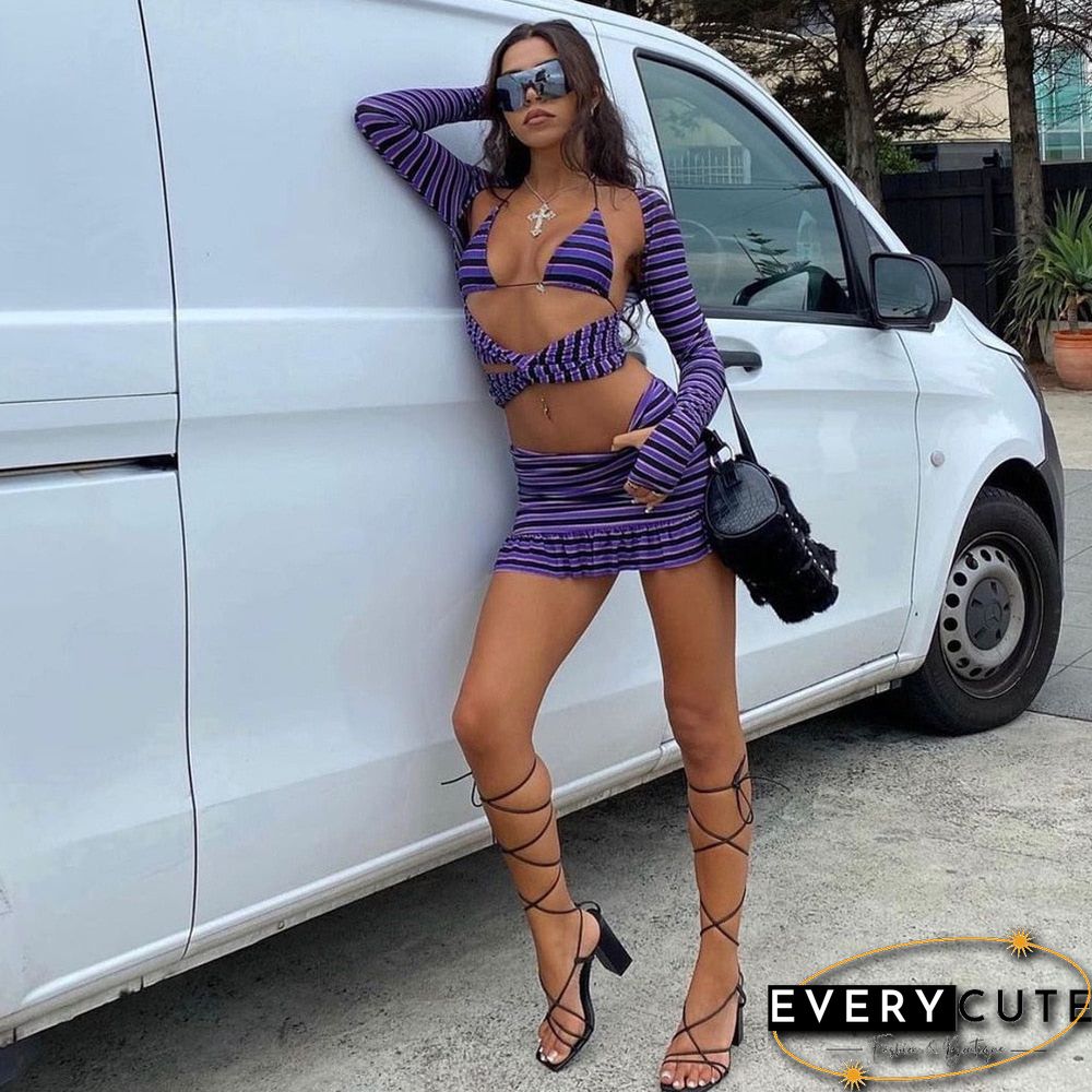 Chic Women Three Pieces Striped Suits Sets Sexy Long Sleeve Cutout Crop Tops+Tie-Up Halter Bra+Mini Ruffles Skirt
