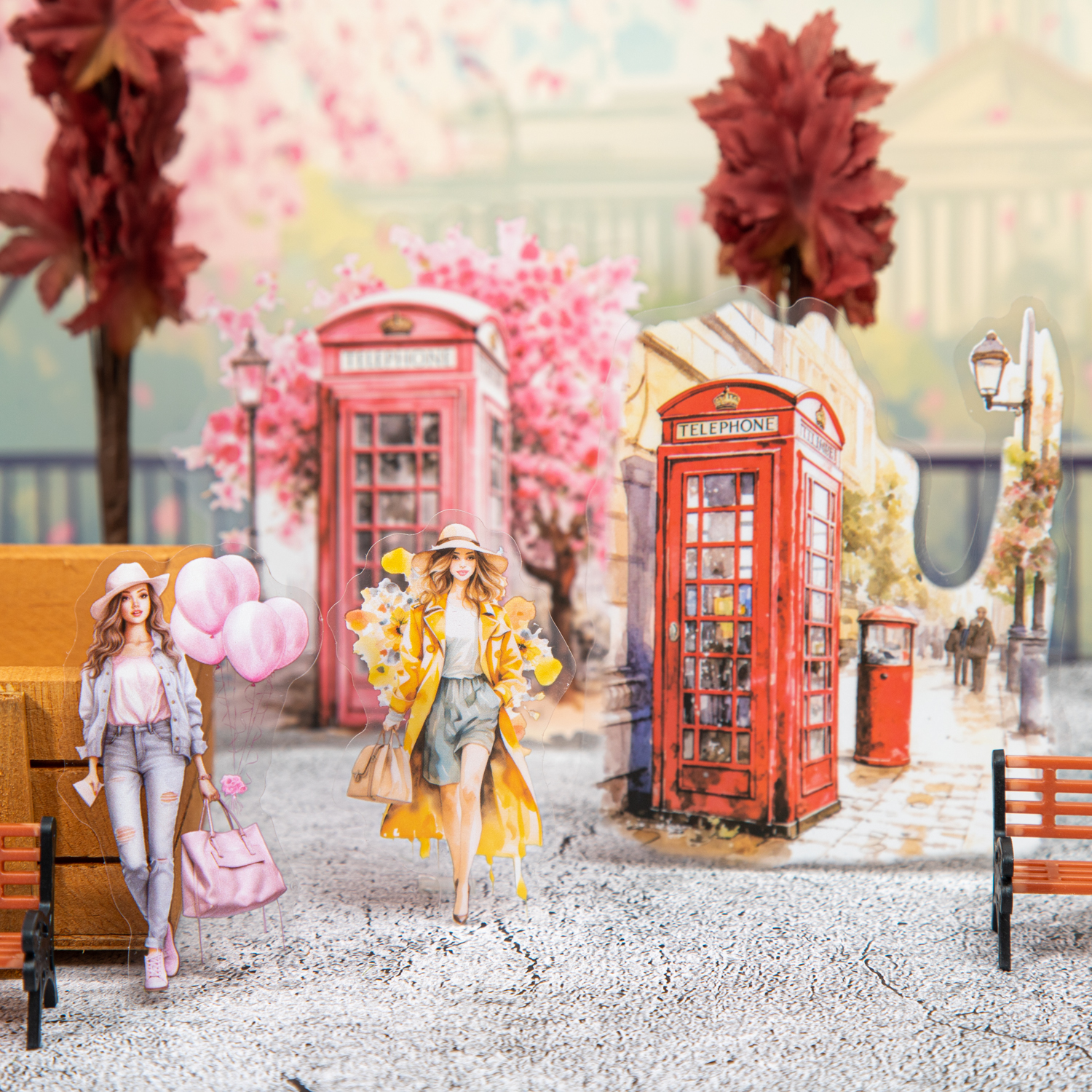 PET 스티커 - 전화부스 시리즈 빈티지 캐릭터 꽃길 모퉁이