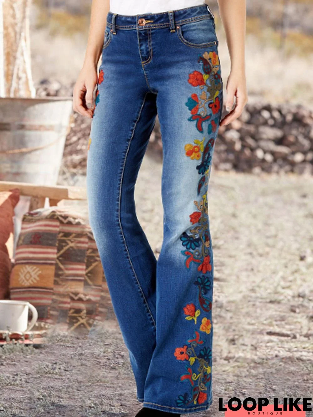 Denim Embroidery Loose Ethnic Jeans