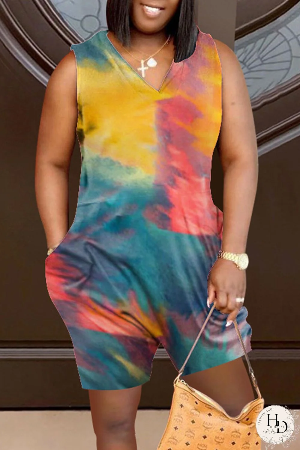 Green Fashion Casual Tie Dye Printing V Neck Regular Sleeveless Romper