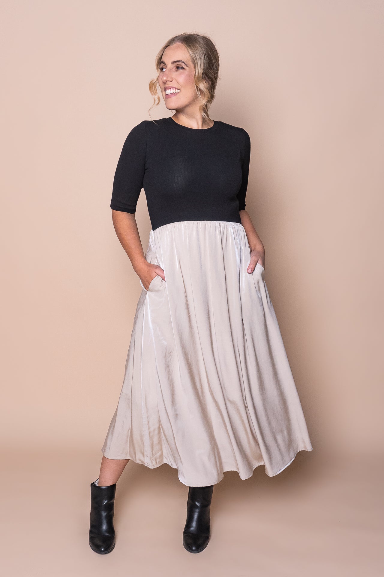 Venetta Midi Dress in Black/Beige