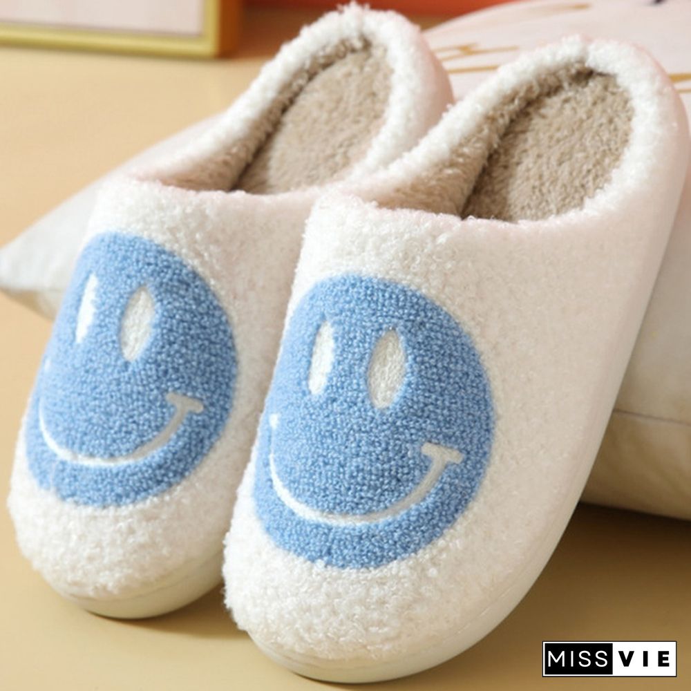 Winter House Girls Fur Slippers Cute Smiley Pattern Women Fluffy Warm Bedroom Ladies
