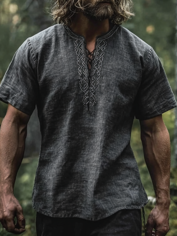 Men's Viking-Inspired Celtic Knot Short Sleeve Linen Henley Shirt / Rvogue / Rvogue