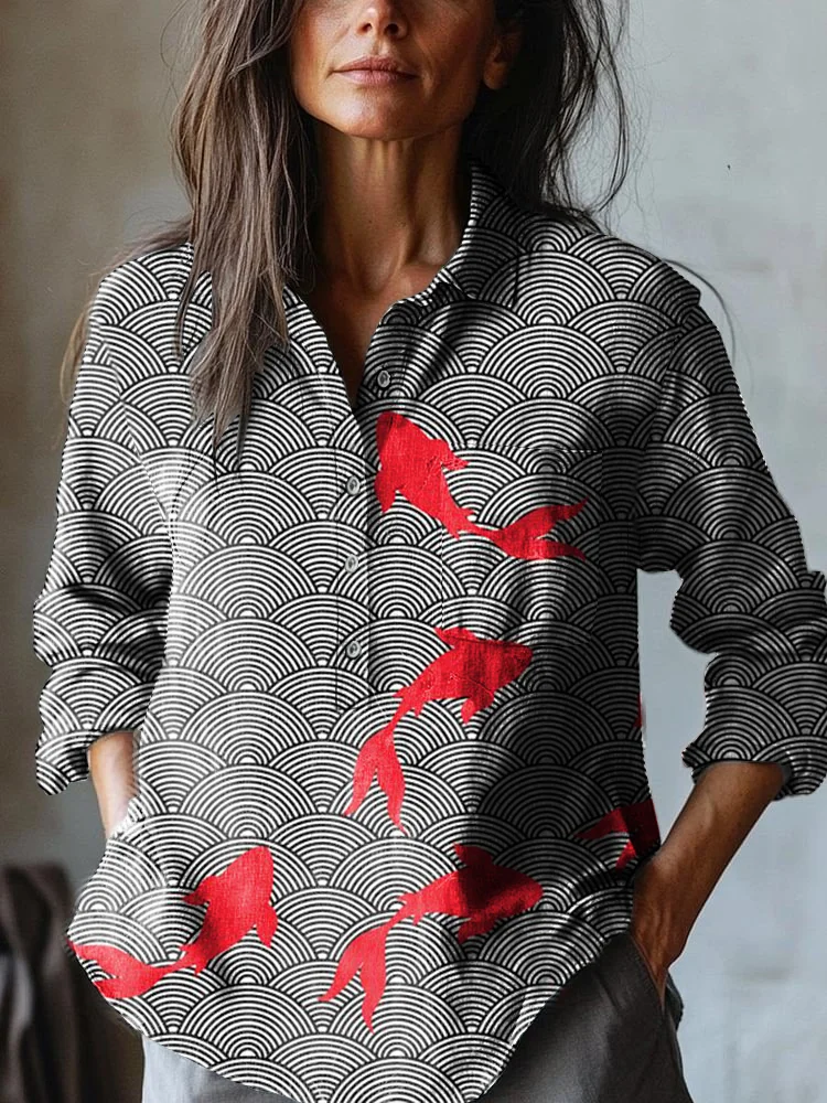 Women's Vintage Goldfish Art Print Casual Cotton And Linen Shirt