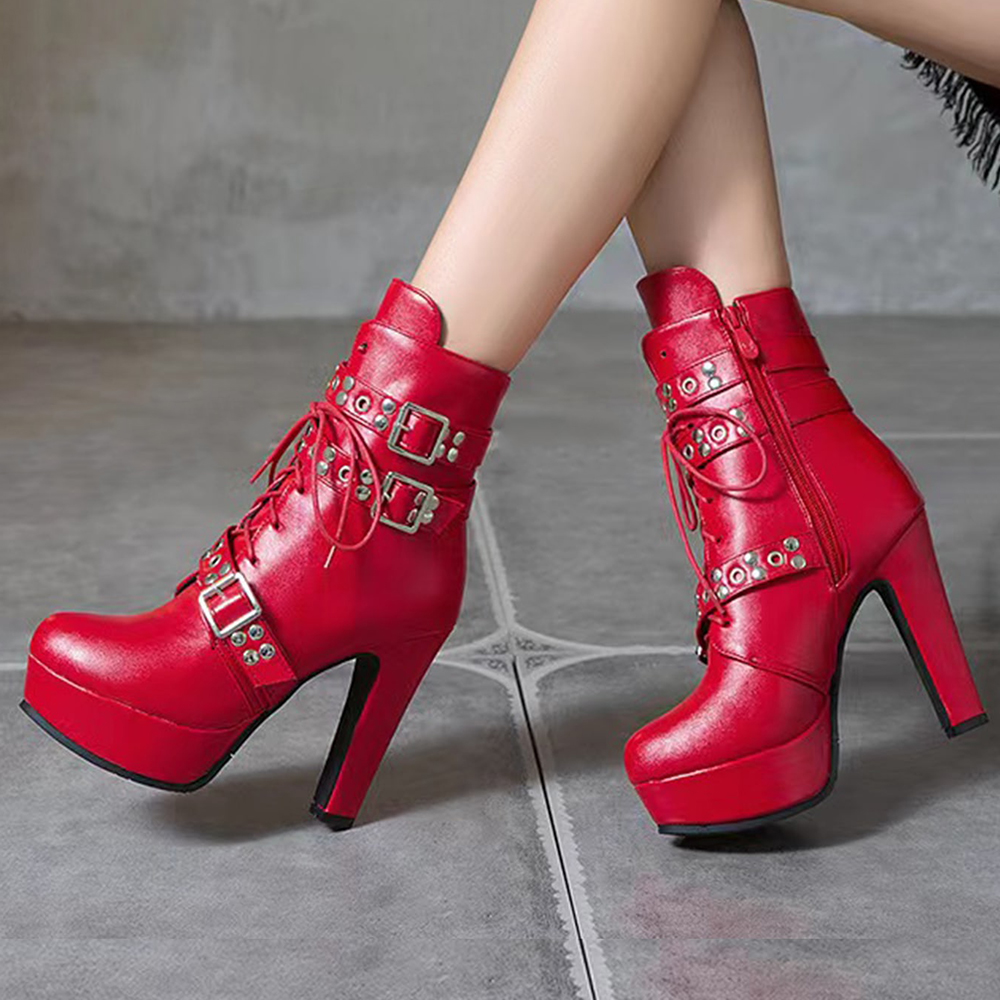 Red Platform Boots Side Zip Ankle Boots